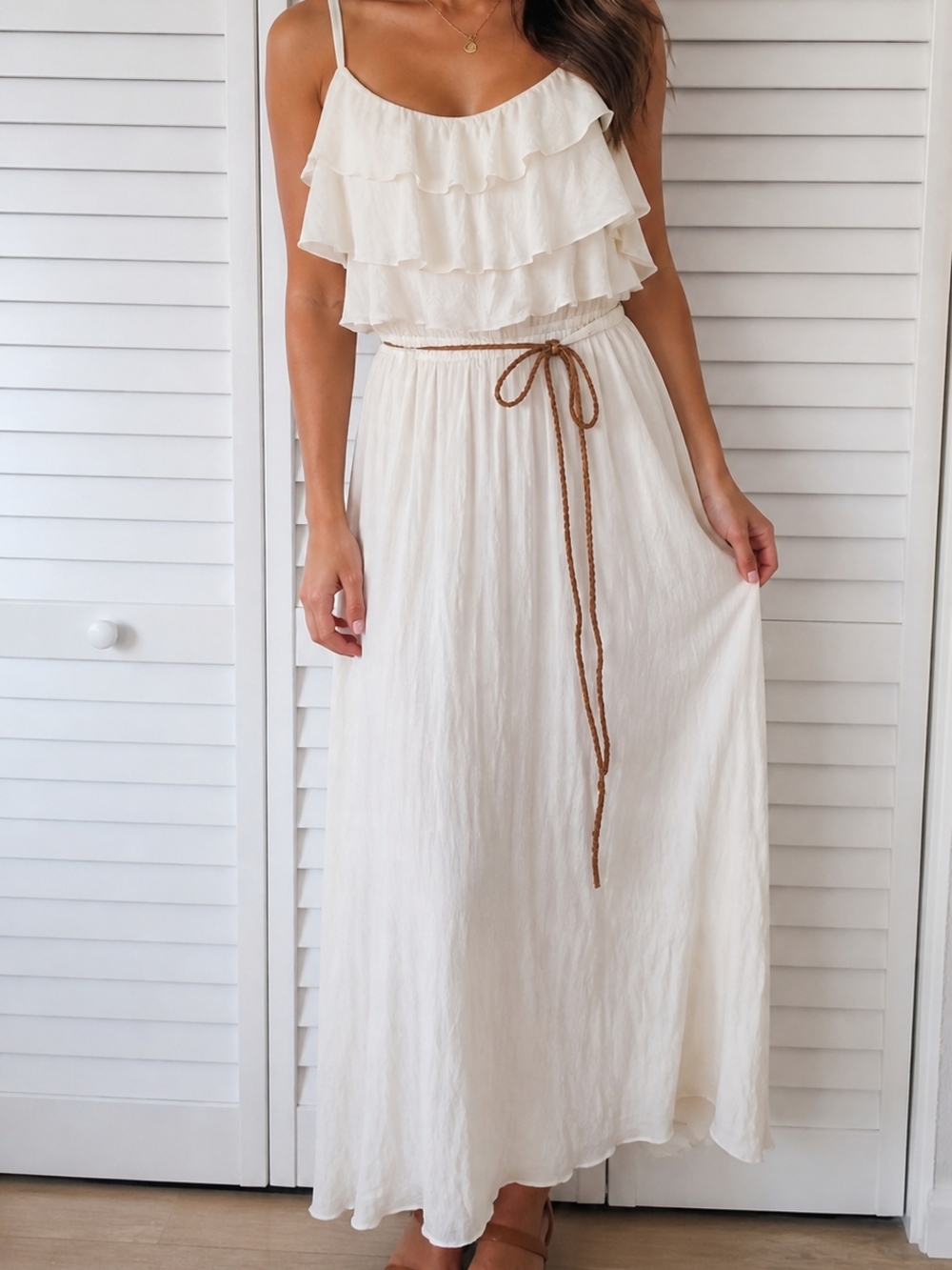 American Rag Cream Ruffled Tiered Maxi Dress with Braided Belt